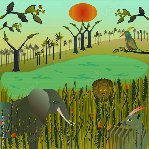 Africa. Flora and fauna of Africa. Safari style drawing.