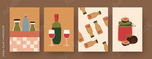 Set of contemporary posters with bottles of wine or juice. Homemade beverage and glasses cartoon vector illustrations. Picnic, summer concept for designs, social media, postcards, invitation cards