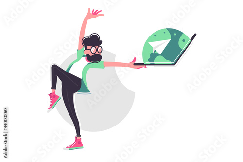 Man dancing with open laptop