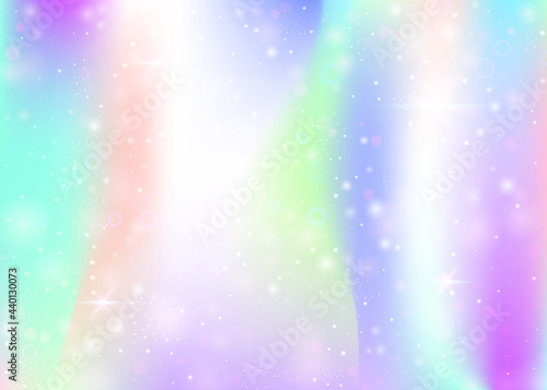 Hologram background with rainbow mesh. Multicolor universe banner in princess colors. Fantasy gradient backdrop. Hologram unicorn background with fairy sparkles, stars and blurs.