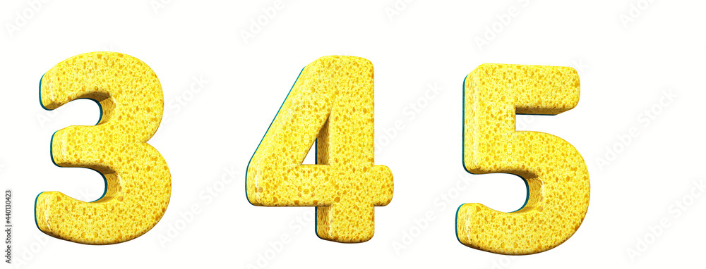 Sponge alphabet. Numbers in 3d render. Cleaning festival. Numbers 3, 4, 5 Sponge alphabet. Numbers in 3d render. Cleaning festival. Numbers 3, 4, 5