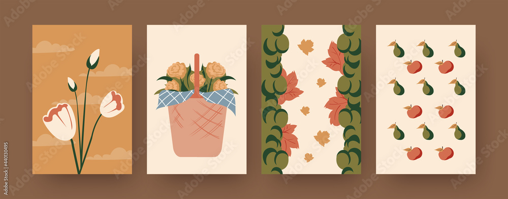 Collection of contemporary posters with basket of flowers. Tulips, grapes, pears and apples cartoon vector illustrations. Picnic, summer concept for designs, social media, postcards, invitation cards