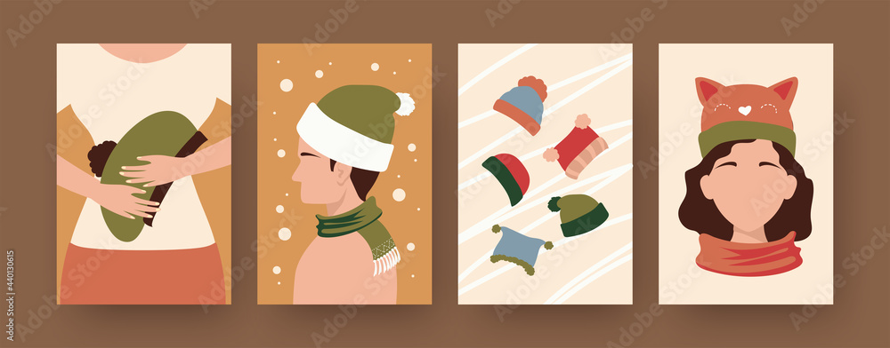 Set of contemporary posters people wearing caps and scarfs. Collection of winter hats, male and female characters vector illustrations. Fashion concept for designs, social media, invitation cards
