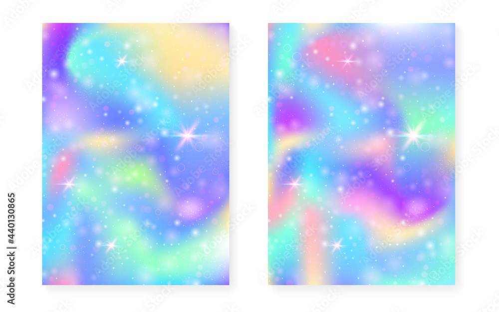 Rainbow background with kawaii princess gradient. Magic unicorn hologram.