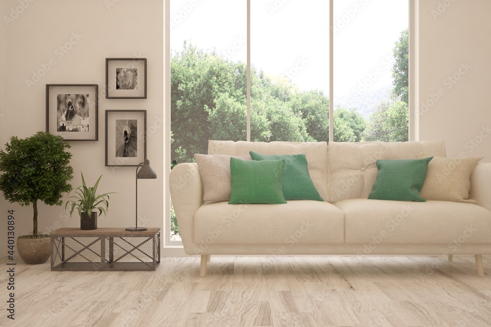 White living room with sofa and summer landscape in window. Scandinavian interior design. 3D illustration White living room with sofa and summer landscape in window. Scandinavian interior design. 3D illustration