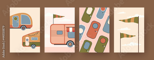 Collection of contemporary art posters with camping caravans. Campervan doors, flags cartoon vector illustrations. Traveling, vacation concept for designs, social media, postcards, invitation cards