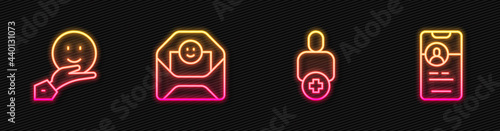 Set line Add to friend, Happy friendship day, Envelope with Valentine heart and Dating online. Glowing neon icon. Vector