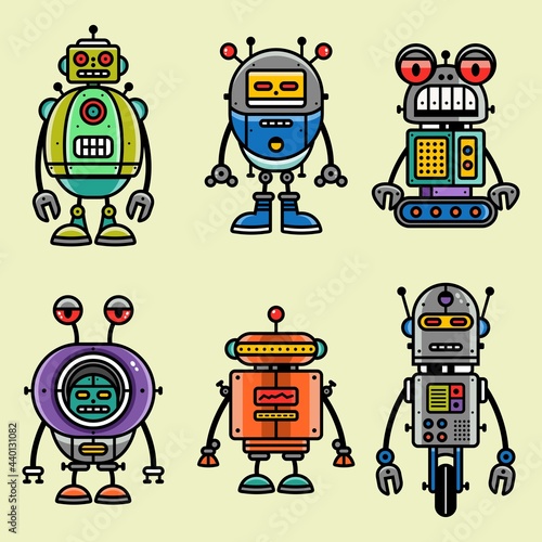 Set of robot characters in cartoon style. Vector illustration of robotics