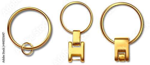 Keychains set keyring holders isolated on white background. Gold colored accessories or souvenir pendants mockup.Reallistic keychain template set.