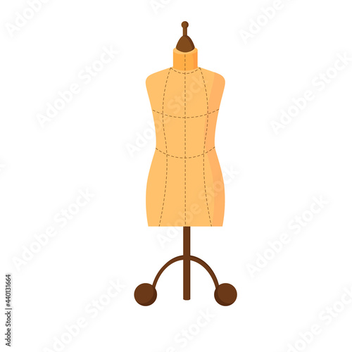Beige tailors mannequin sewing dresses. Vector illustration isolated on white background. For use in tailor shops, price tags, covers, tutorials, tailors, prints and other designs.