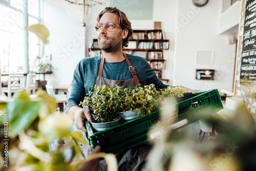 Thoughtful male owner with plant crate standing at coffee shop