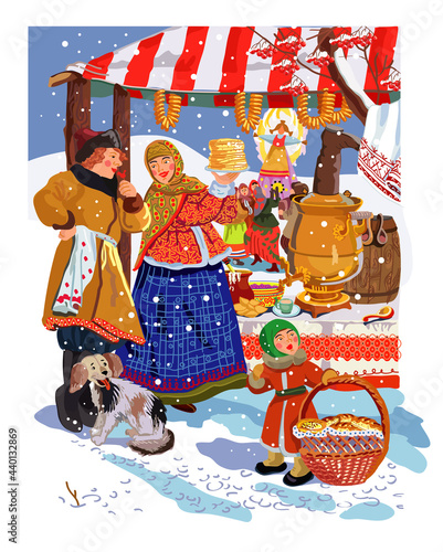 Shrovetide or Russian Maslenitsa vector. Russian fair and celebration in the village. Russian folk art. Samovar, pancakes, lollipops, straw scarecrow, mummers, buffoons