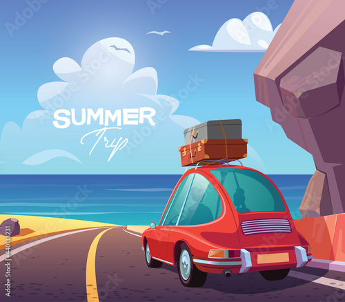 Young couple in red car on summer trip vector illustration