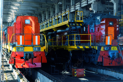 Russia. Vyborg 05.05.2021 Locomotives stand in the railway depot photo