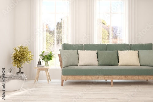 Modern living room in white color with sofa. Scandinavian interior design. 3D illustration