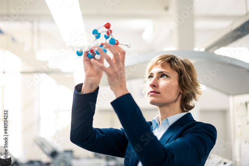 Mature expertise holding molecular structure model at workshop