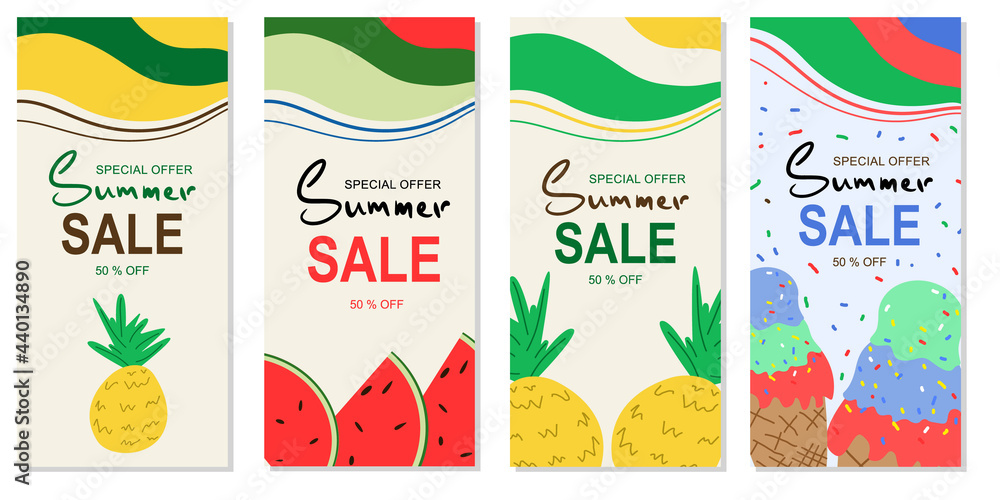 A set of vector vertical illustrations of the summer sale banner for your store, website and social networks. Layouts with summer fruits on a beige background.