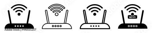 Set of wireless router icons. Modem with wi-fi signal. Wi-fi signal symbol. Internet Connection. Wi-fi wireless technology illustration on isolated background. Vector illustration.