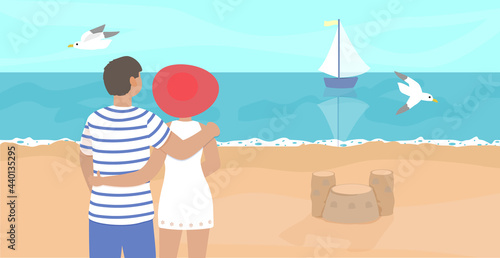 Cute couple at the beach. Woman nad man om summer vacations. Happy family vector illustration.