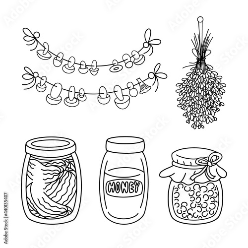 Vintage home pantry vegan Food Supplies vector set. Homemade ingredients, Preserves, glass Jar, canned jam, honey, pickles, dried lavender and mushrooms on the rope. Elements isolated, coloring page