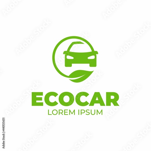 Eco car logo template. Green car icon. Green leaf and car sign. Environment protection transport symbol.