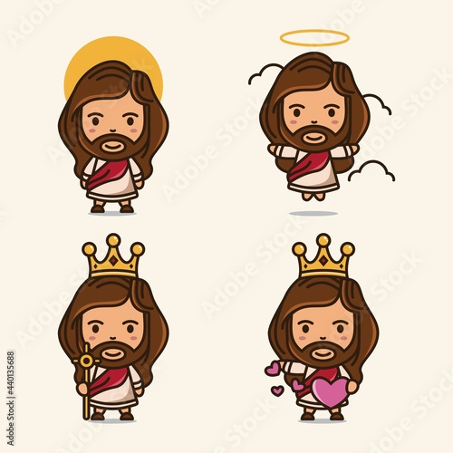 Set of Jesus Christ in cute cartoon style. Cute Jesus vector illustration