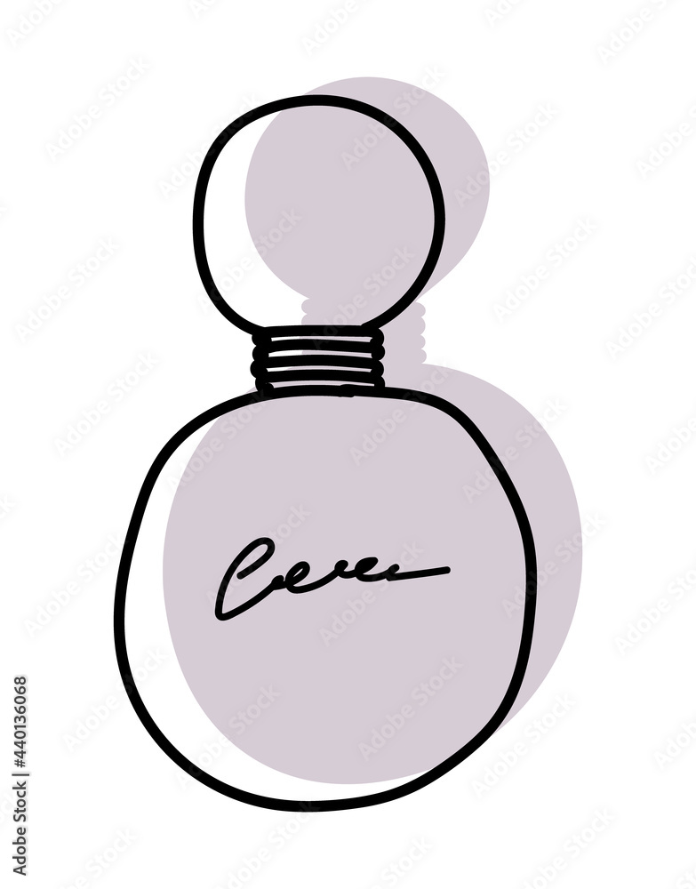 Obraz premium Vector illustration of a perfume bottle in line style. With a background of pastel colors in the form of a silhouette of perfume. Can be used as an icon, sign, sticker, logo.