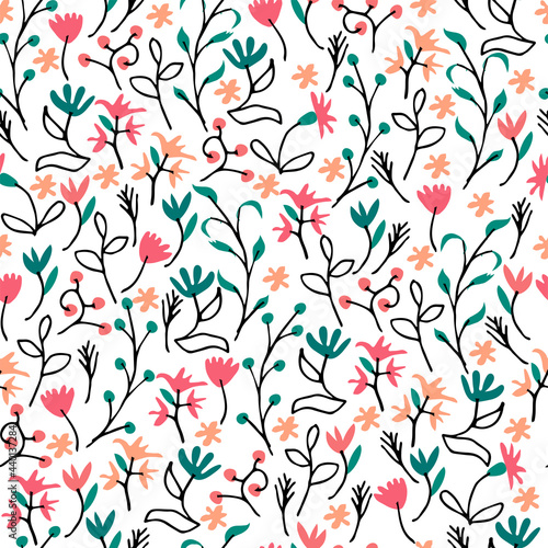Cute hand drawn flowers on white background. Vector seamless pattern. Fashion print in bright colors. 