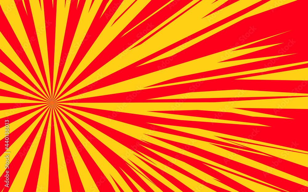 Obraz premium Pop art radial colorful comics book magazine cover. Striped red and yellow digital background. Cartoon funny retro pattern strip mock up. Vector halftone illustration. Starburst shape
