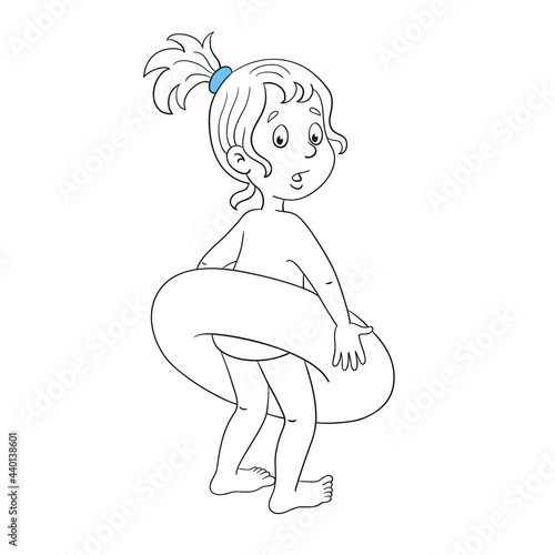 Little funny girl in the swimming circle. Black and white picture with blue accent. In cartoon style. Isolated on white background. For coloring book. Vector illustration.