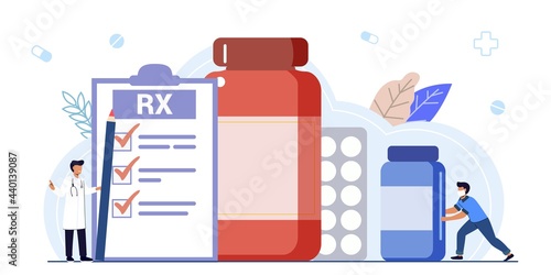 RX medical prescription drug vector illustration concept Medicine prescription with medicines Prescription form Doctor writes signature in recipe Disease therapy pills Pharmacy control of business