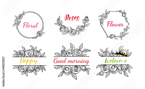 Set floral monograms in form of a frame on an isolated background. Monograms split with honey bee. Rose flower wreaths. Silhouette for plotter cutting SVG. Frame for decorating names at the wedding.
