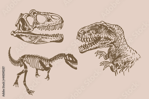 Graphical vintage set of dinosaur, sepia background, vector paleontological collection