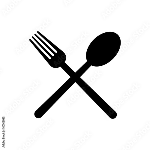 Spoon and fork icon. Black silhouette. Cross to cross sign. Front view. Vector simple flat graphic illustration. The isolated object on a white background. Isolate.