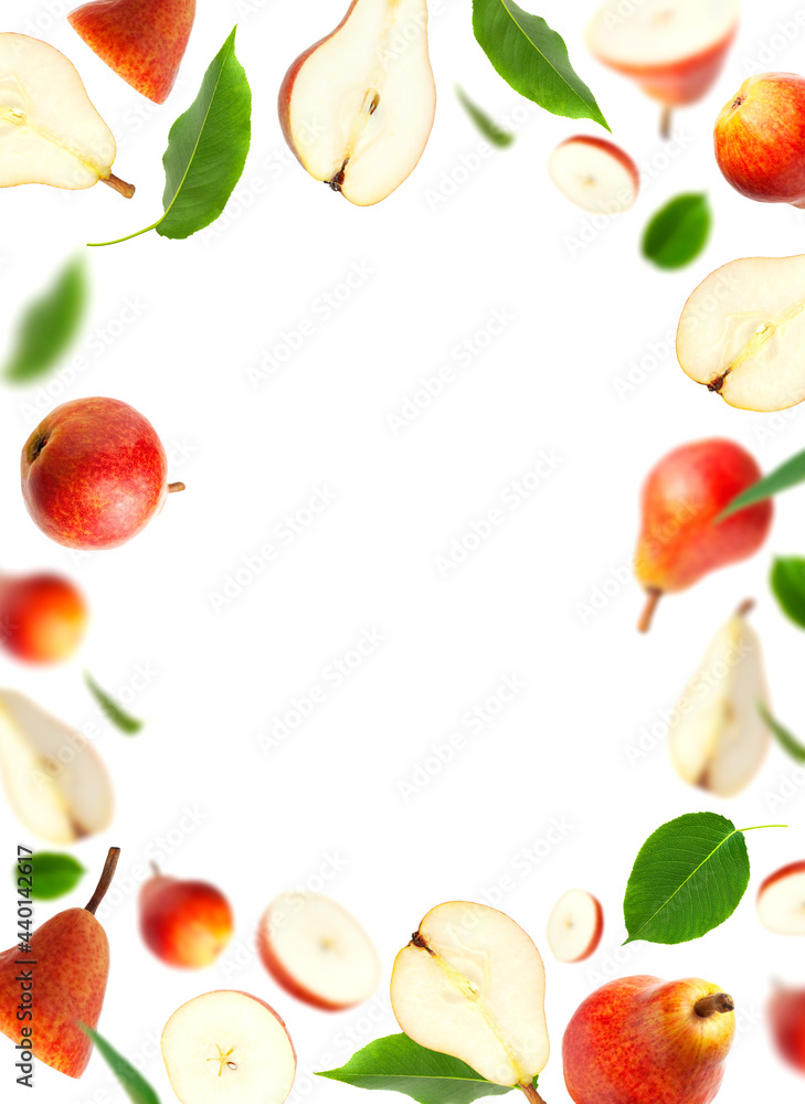 Flying red ripe juicy pear and green leaves isolated on white background. Sweet whole pears and sliced. Summer healthy organic fruits, harvesting. Creative composition with pears. Food concept Flying red ripe juicy pear and green leaves isolated on white background. Sweet whole pears and sliced. Summer healthy organic fruits, harvesting. Creative composition with pears. Food concept