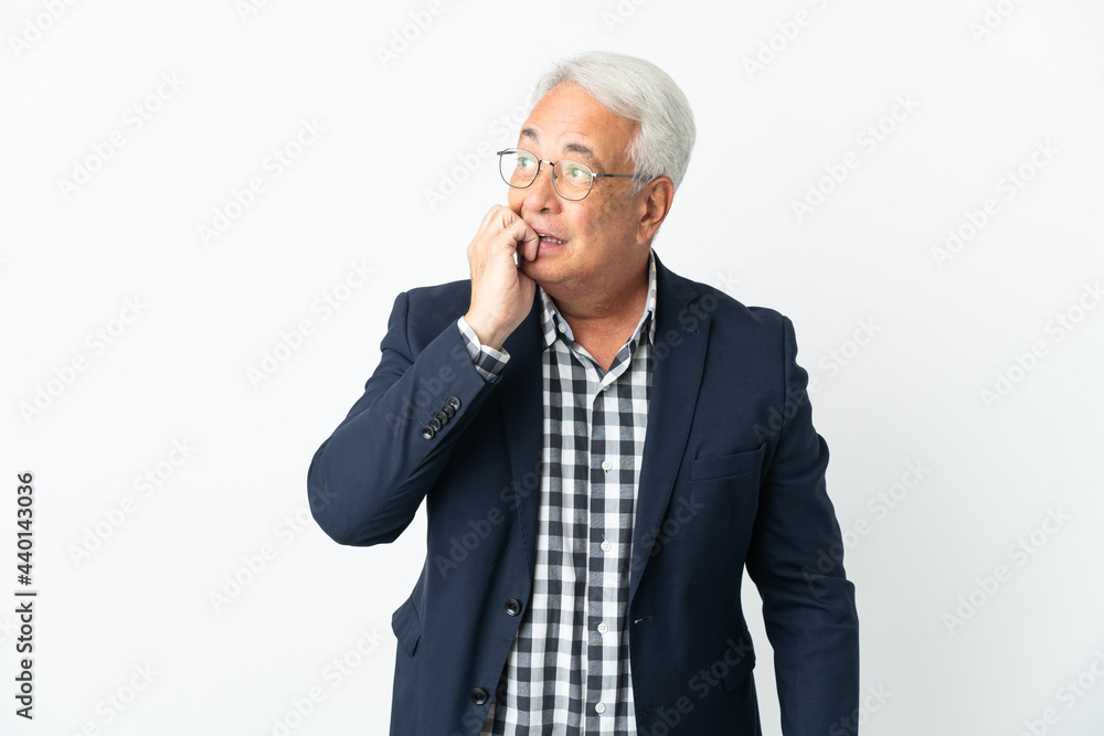 Middle age Brazilian man isolated on white background is a little bit nervous Middle age Brazilian man isolated on white background is a little bit nervous