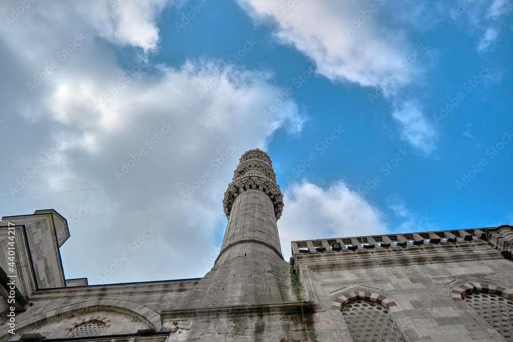 Turkey istanbul. Blue mosque (sultanahmet camii) in istanbul and its minaret extends to cloudy sky.