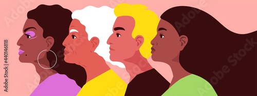Concept vector illustration for LGBTQ+ rights, gender equity, human rights, against violence and homophobia, equality. Profile of people with positive look to the future