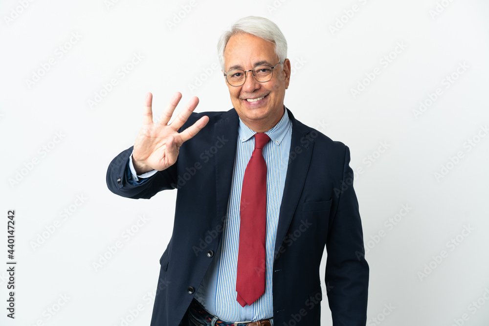 Middle age Brazilian business man isolated on white background happy and counting four with fingers