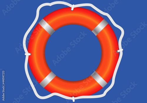 Salvavidas naranja y plateado con cuerda blanca sobre fondo azul