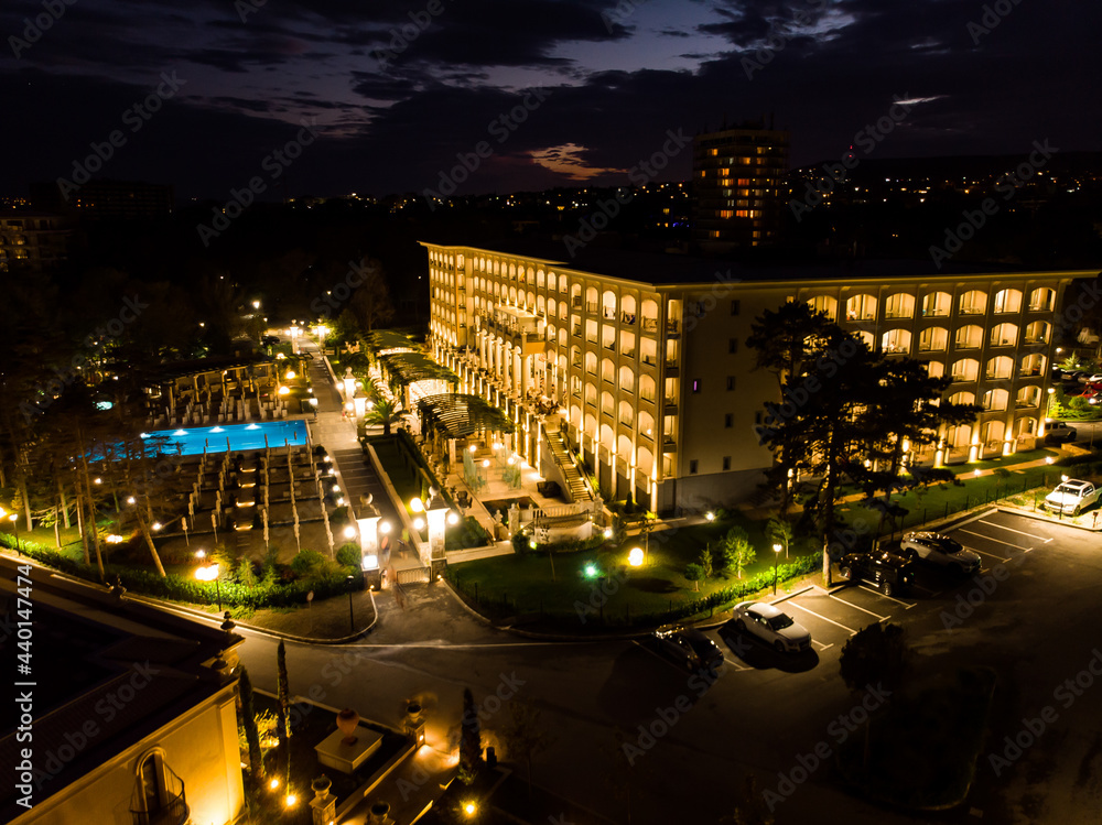 summer luxurious resort, aerial view from above, night evening drone view of five star hotel and pool in Bulgaria