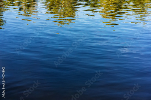 Reflection of trees on the surface of the water in the river.