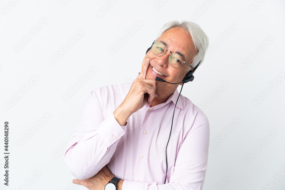 Telemarketer Middle age man working with a headset isolated on white background happy and smiling Telemarketer Middle age man working with a headset isolated on white background happy and smiling
