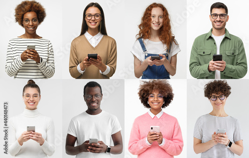 Portrait collage of various happy men and women using smartphones. Young multiethnic group of people with cellphone