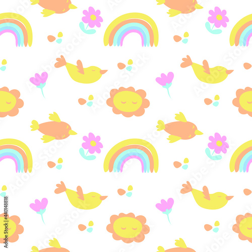 Seamless pattern of delicate baby elements. Vector in the style of cartoons. Birds, flowers, sun, rainbow. Suitable for decorating a children's room, textiles and packaging.