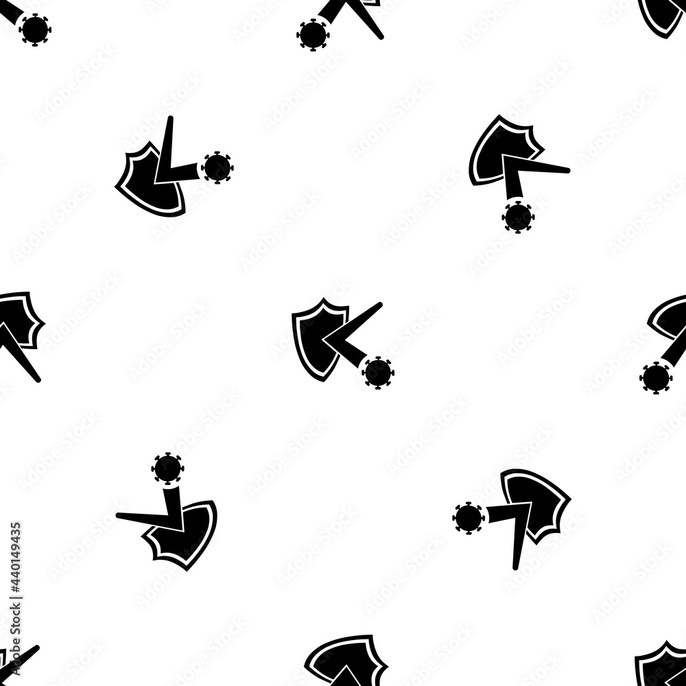 Seamless pattern of repeated black virus bounces off the shield symbols. Elements are evenly spaced and some are rotated. Vector illustration on white background Seamless pattern of repeated black virus bounces off the shield symbols. Elements are evenly spaced and some are rotated. Vector illustration on white background
