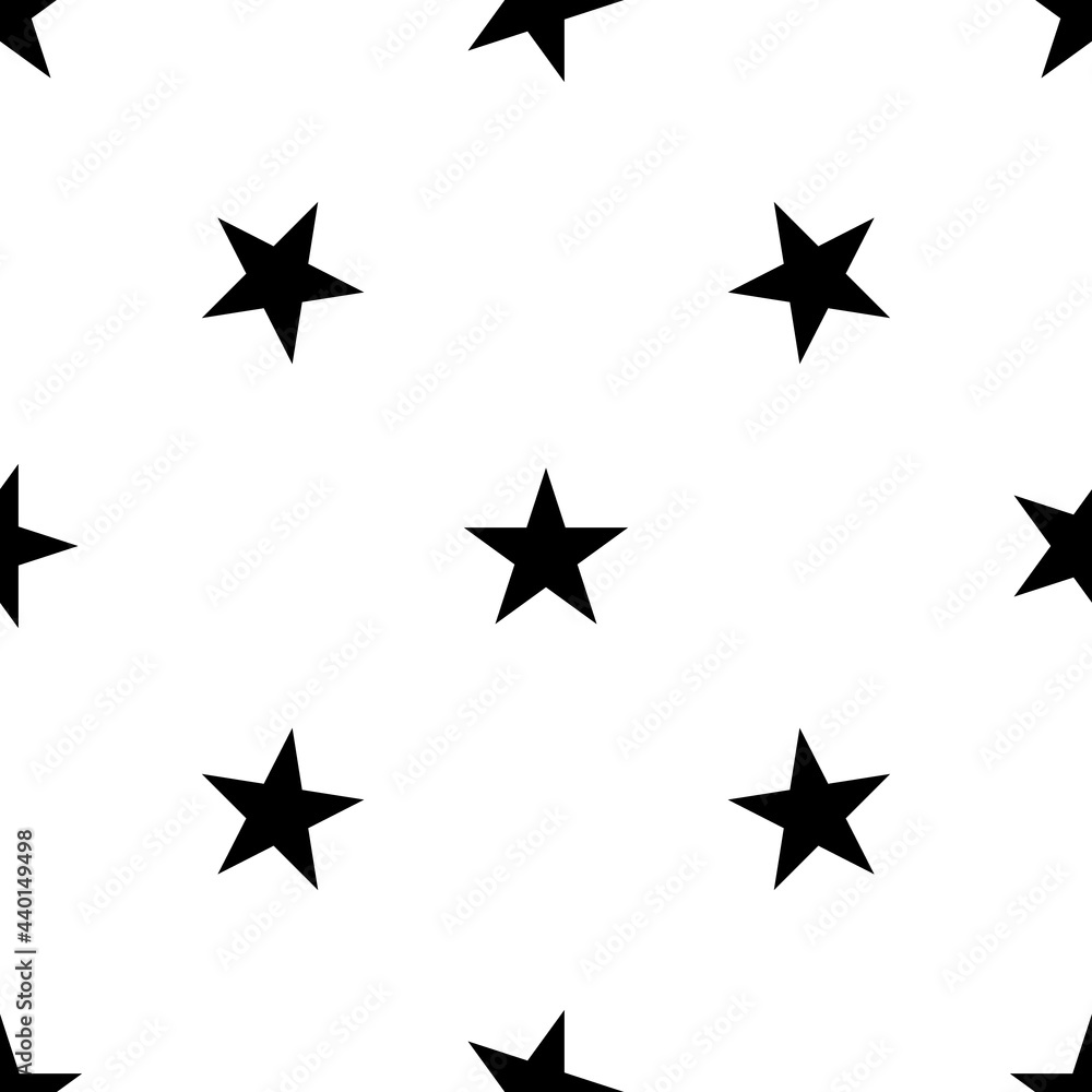 Seamless pattern of repeated black star symbols. Elements are evenly spaced and some are rotated. Vector illustration on white background Seamless pattern of repeated black star symbols. Elements are evenly spaced and some are rotated. Vector illustration on white background