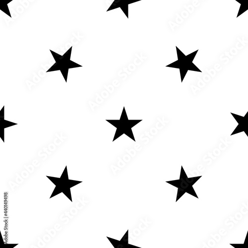 Seamless pattern of repeated black star symbols. Elements are evenly spaced and some are rotated. Vector illustration on white background