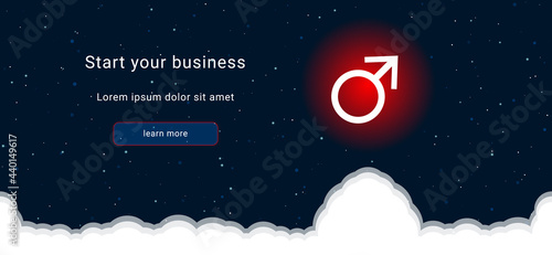 Business startup concept Landing page screen. The mars symbol on the right is highlighted in bright red. Vector illustration on dark blue background with stars and curly clouds from below
