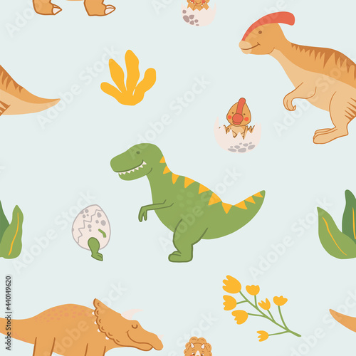 Cartoon dinosaurs seamless pattern. Flat  jurassic  wild animal in doodle style. Hand drawn childish Vector illustration on grey backgrond. Perfect for background  wrap paper  wall paper  fabric